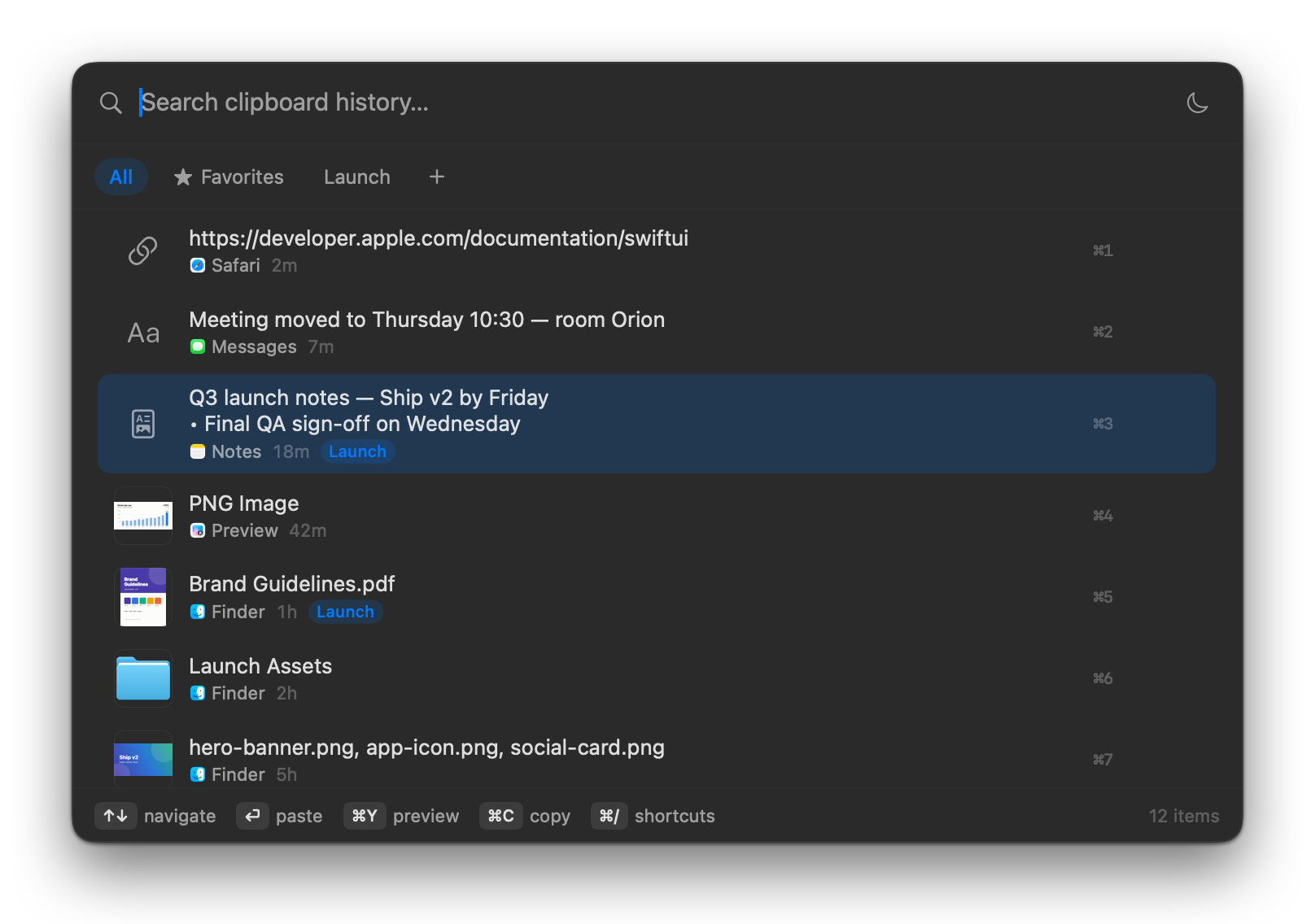 The Clipboard History panel listing a link from Safari, a message, formatted launch notes in the Launch group, a PNG image, a PDF, a folder and three image files, each with its source app and age