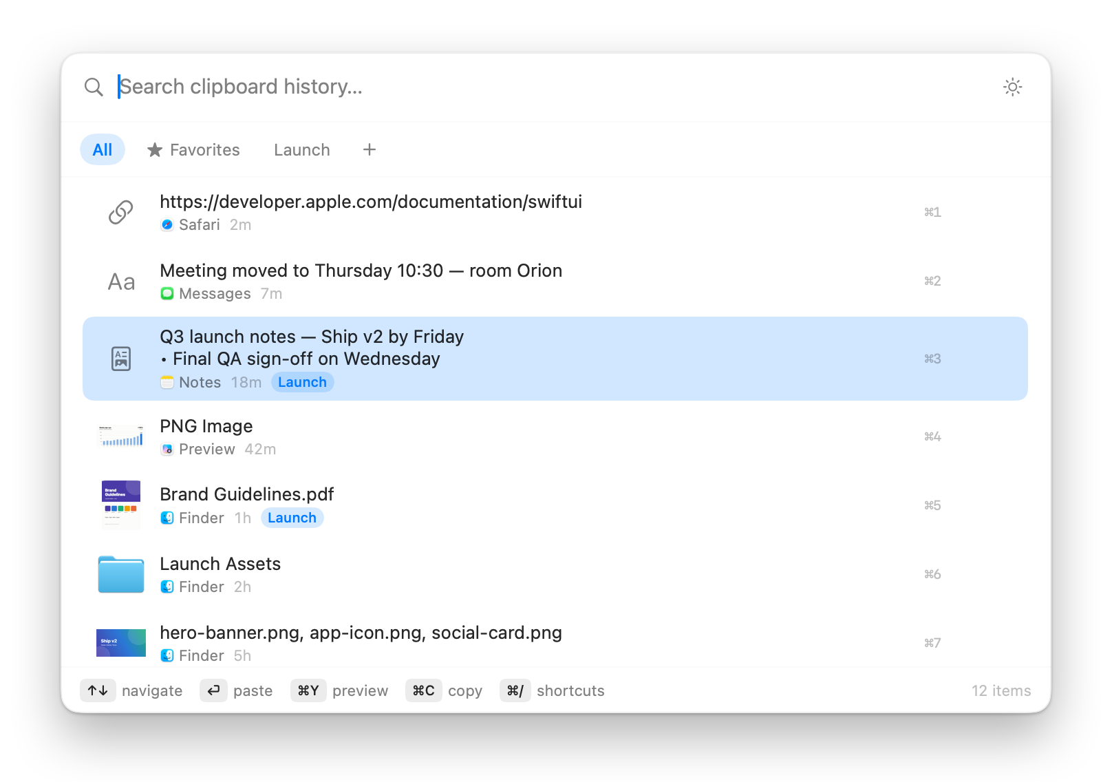 The Clipboard History panel listing a link from Safari, a message, formatted launch notes in the Launch group, a PNG image, a PDF, a folder and three image files, each with its source app and age