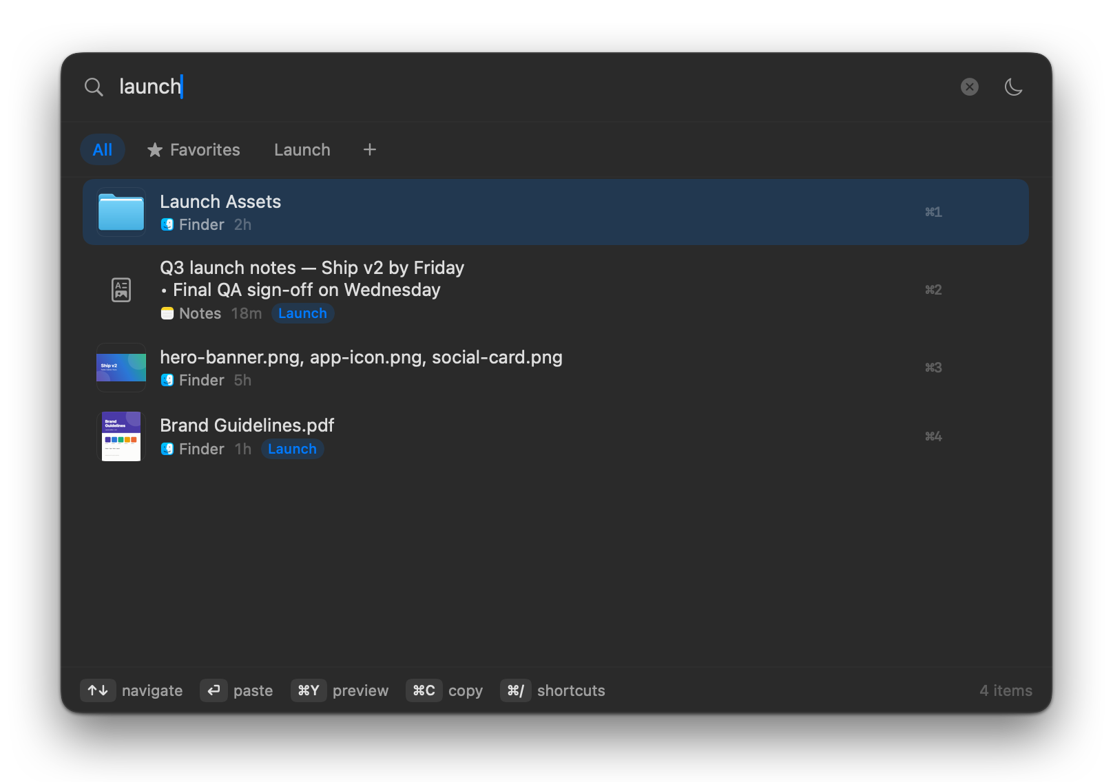 The Clipboard History panel with “launch” typed in the search field, showing a folder, formatted notes and files that match