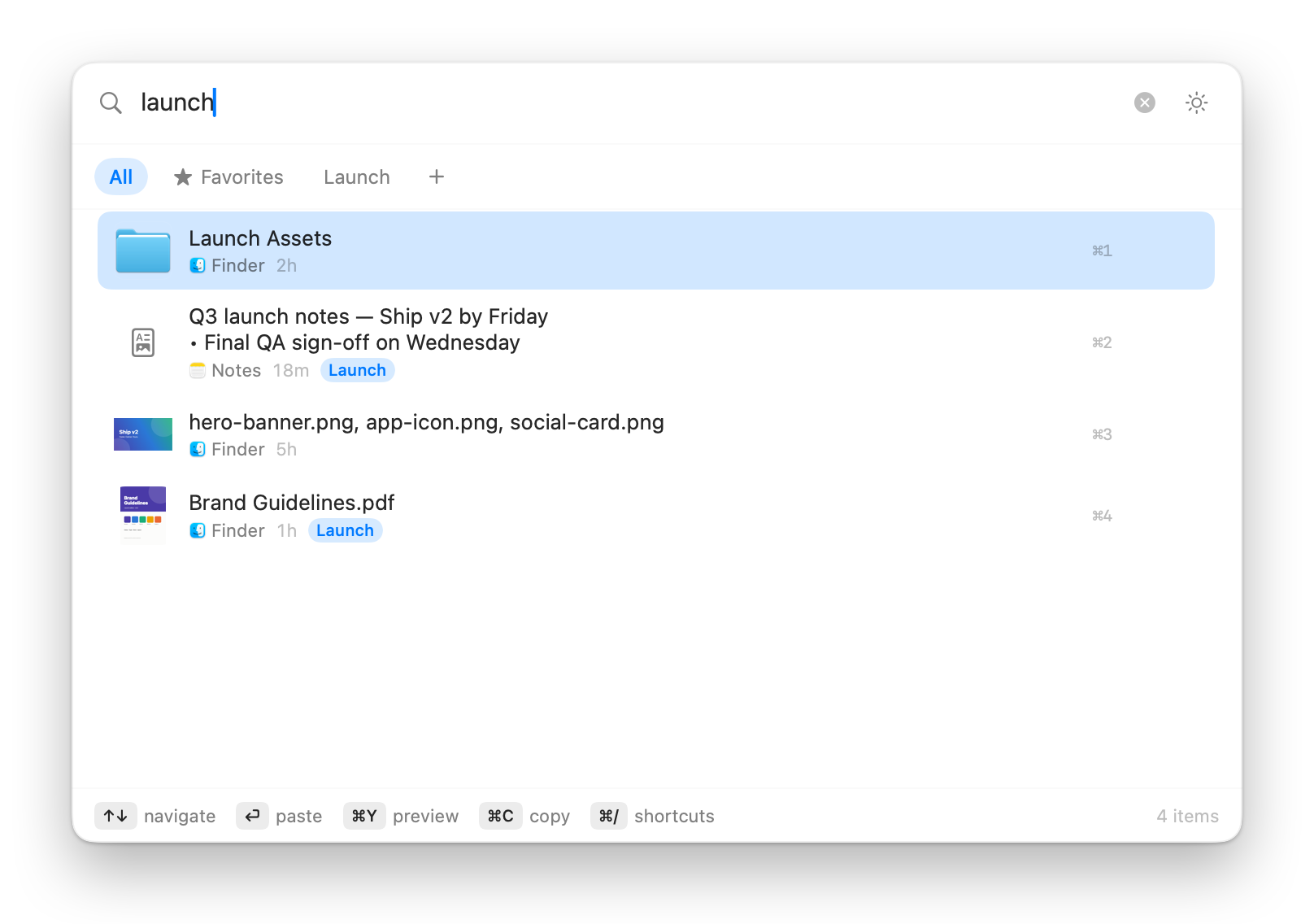 The Clipboard History panel with “launch” typed in the search field, showing a folder, formatted notes and files that match