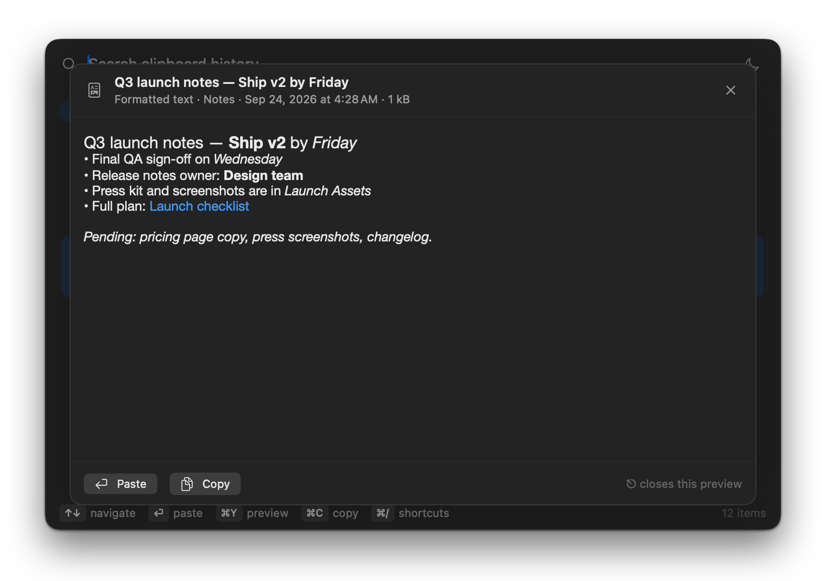 Preview of formatted launch notes with bold and italic text and a link, with Paste and Copy buttons