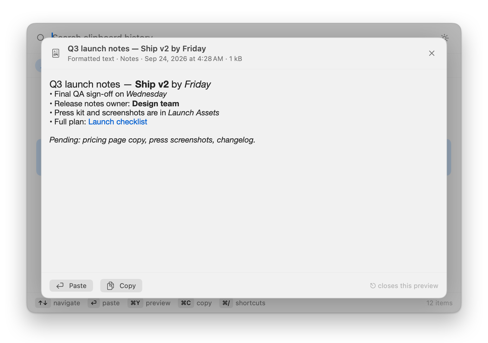 Preview of formatted launch notes with bold and italic text and a link, with Paste and Copy buttons