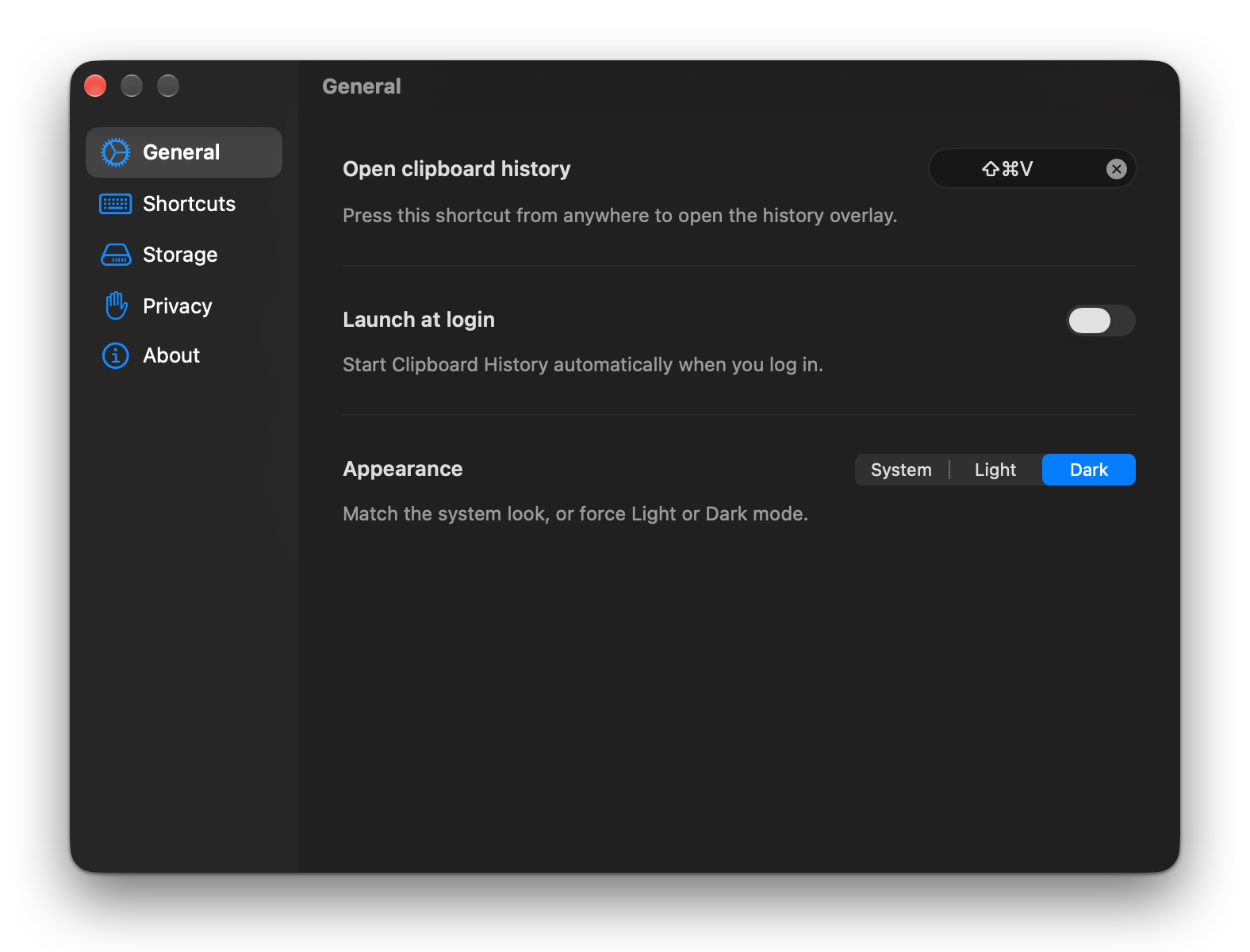 Settings, General tab: the Open clipboard history shortcut set to Shift Command V, Launch at login switched off, and Appearance set to Dark