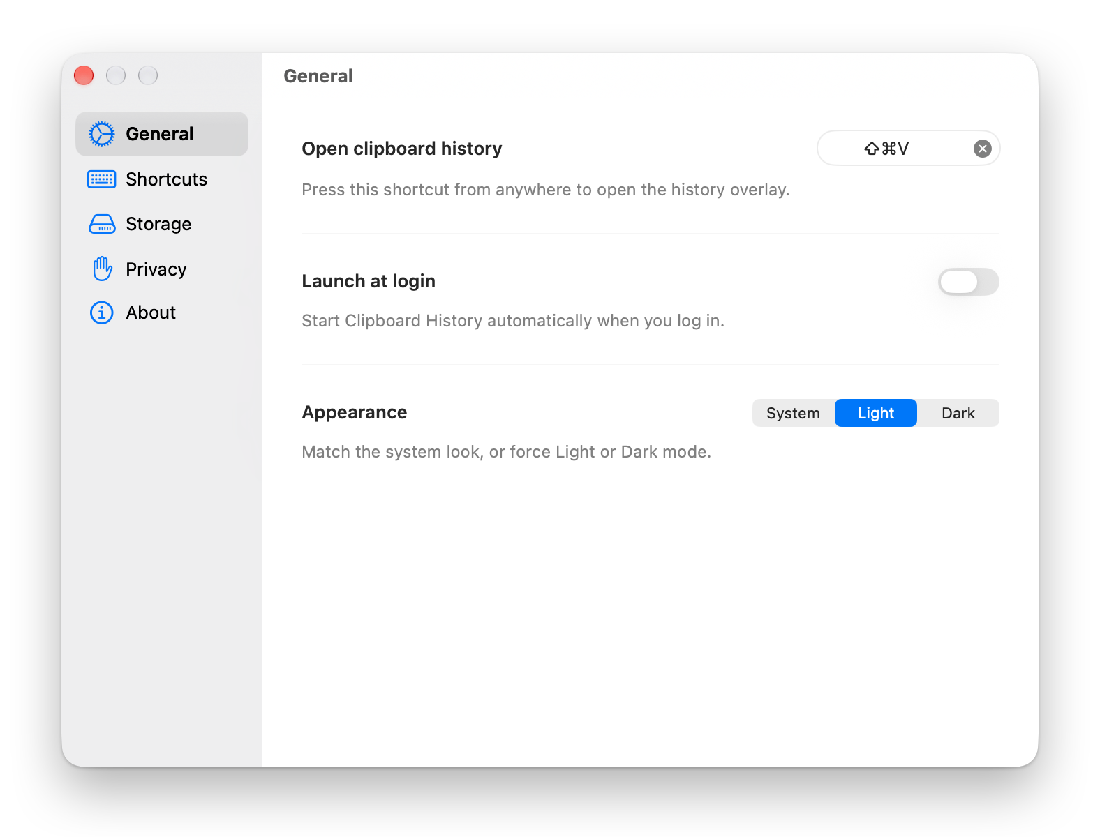 Settings, General tab: the Open clipboard history shortcut set to Shift Command V, Launch at login switched off, and Appearance set to Light