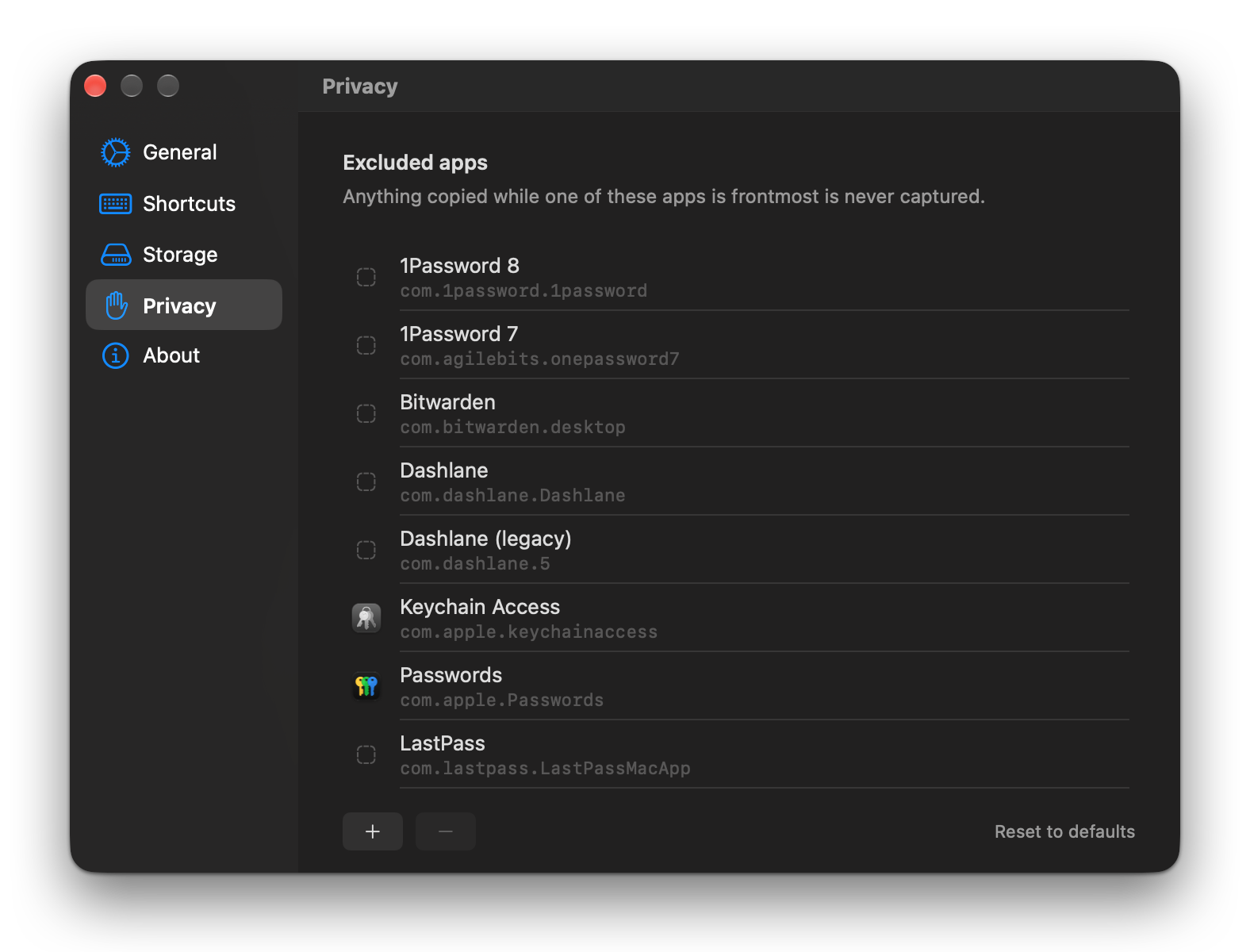 Settings, Privacy tab: the Excluded apps list with 1Password 8, 1Password 7, Bitwarden, Dashlane, Dashlane (legacy), Keychain Access, Passwords and LastPass