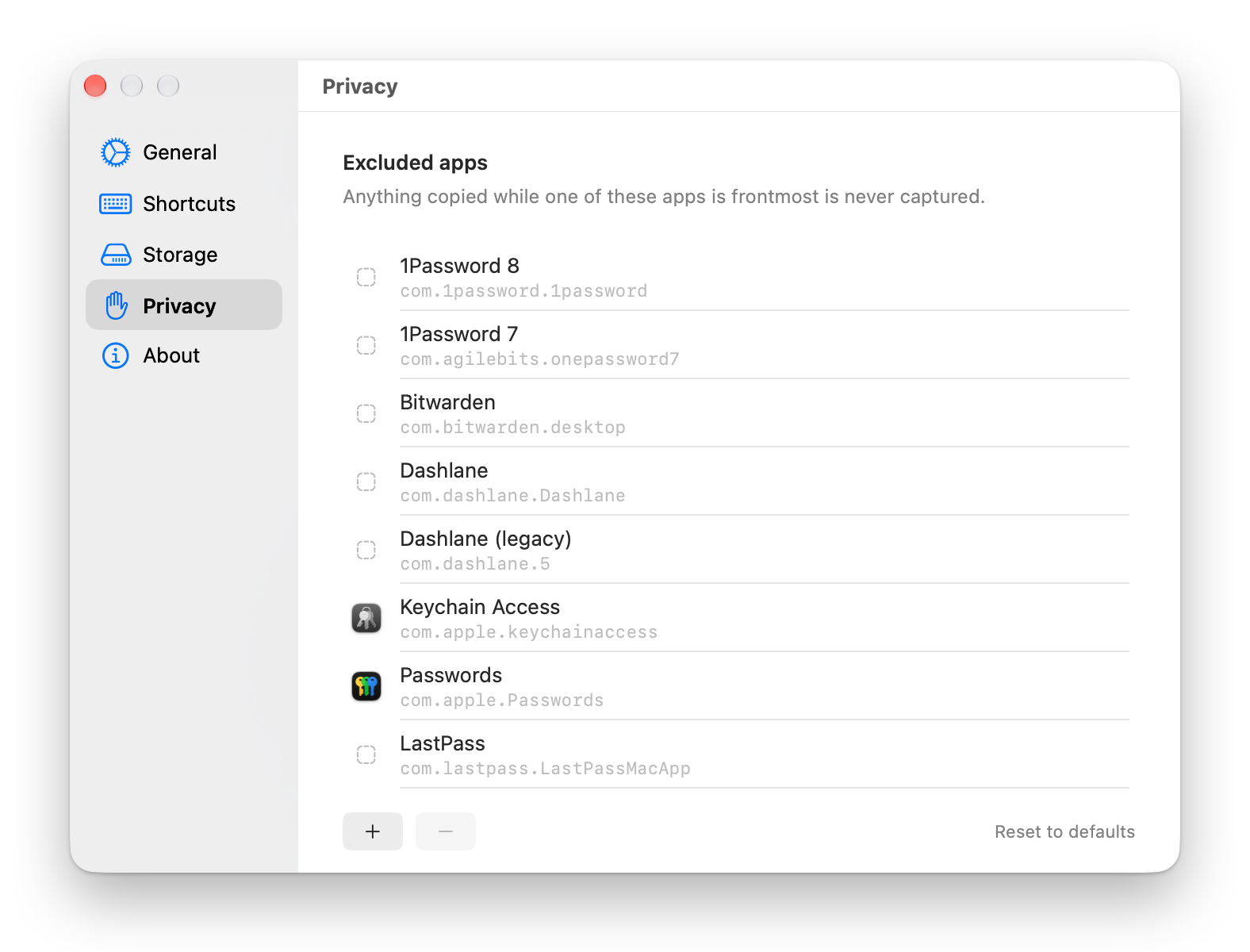 Settings, Privacy tab: the Excluded apps list with 1Password 8, 1Password 7, Bitwarden, Dashlane, Dashlane (legacy), Keychain Access, Passwords and LastPass